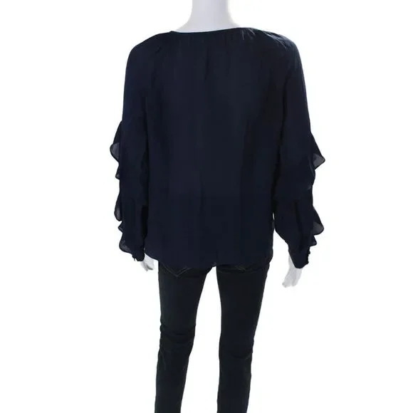 Parker Womens Silk Key Hole Neck Long Sleeves Blouse Navy Blue Size Extra Small - Picture 3 of 6